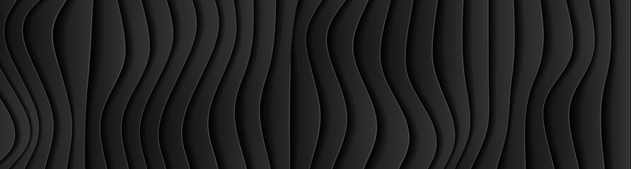 Black curved waves abstract tech banner design. Vector background