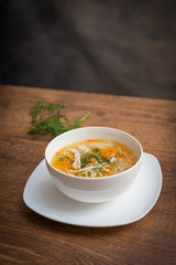 Homemade chicken noodle soup in pot with carrots, celery, topped with parsley bits.