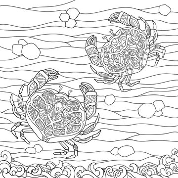 Two Crabs With Simple Patterns On Sand With Decorative Waves. For Coloring Book Pages. Illustration Of The Sea World On White Isolated Background. 