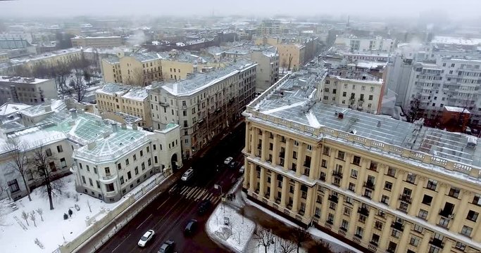 Traffic jams in the historic center of St. Petersburg. Aerial view. 4k russia
