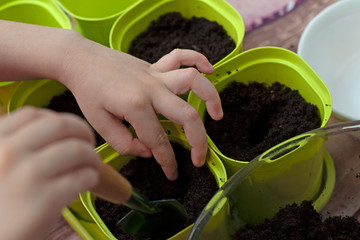 Man makes a hole in the ground with a spatula
