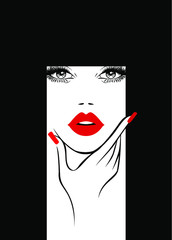 Beautiful elegant woman with black stylish hairdressing showing red manicure nails, makeup and cosmetics. Beauty logo, vector illustration, background wallpaper.