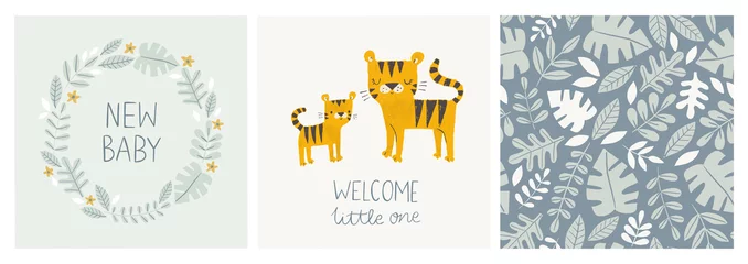 Fototapeten Set of cute baby shower cards and jungle pattern with tiger mom and baby, tropical leaves, wreath and hand lettered phrases - new baby, welcome little one. For invitations, greeting cards, posters © mgdrachal