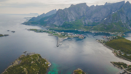 Aerial panoramic view of Reine, Lofoten, Norway, sunny arctic summer