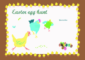 Template of card. Invitation, announcement, of Easter egg hunt. You can enter your own text. Chickens running to stack of Easter eggs.