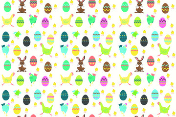 Seamless pattern with Easter decoration. Running chickens, Easter eggs, Easter bunny, chicks on white background.