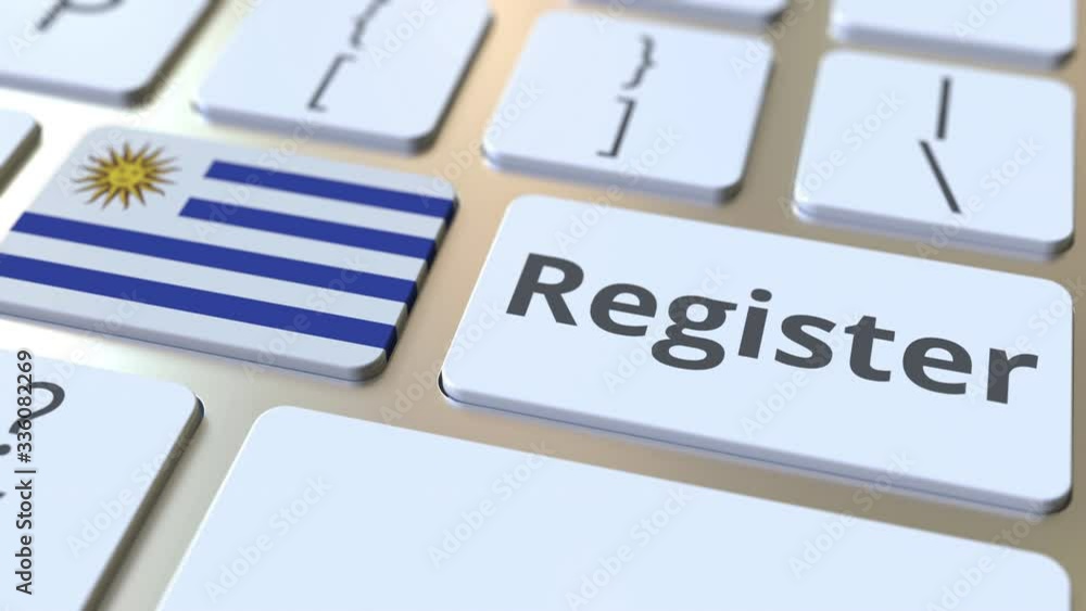 Aufkleber register text and flag of uruguay on the keyboard. online services related 3d animation