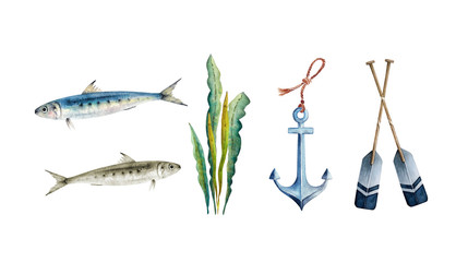 Set of watercolor illustrations in a marine style. fish, anchor and oars drawings for decor - obrazy, fototapety, plakaty