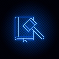 law, hammer, book blue neon vector icon. Blue and yellow neon vector icon. Transparent background