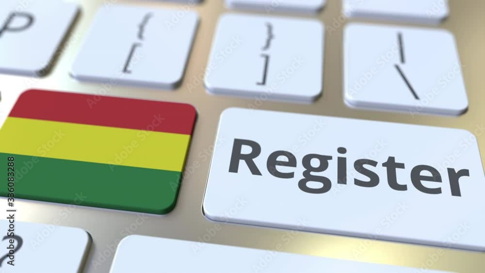 Poster register text and flag of bolivia on the keyboard. online services related 3d animation