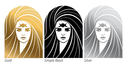 Three variants of logo with girl with triple goddess moon