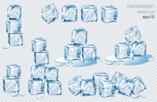Set of blue ice cubes. Realistic transparent isolated vector illustration