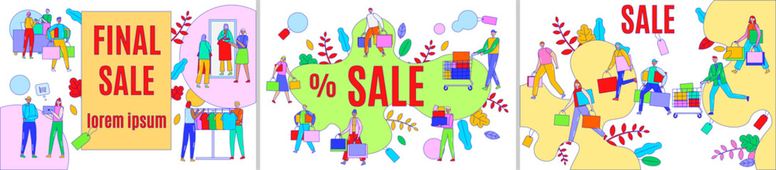 Final sale advertising vector illustration. Advertisement of discount offer for people buyers with shopping cart or bag, cartoon adult line character with purchases in store, supermarket banner set