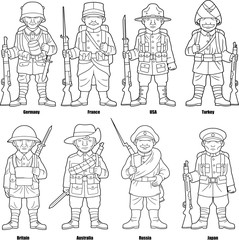 Cartoon soldiers of countries participating in the First World War, set of vector images
