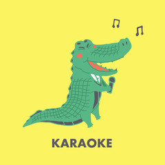 Vector flat illustration of green crocodile character who sings a song in cute freehand style. Singing alligator in karaoke isolated on yellow background. Bright character of wild friendly animal.