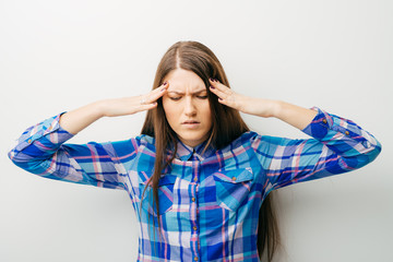 on white background young girl headache