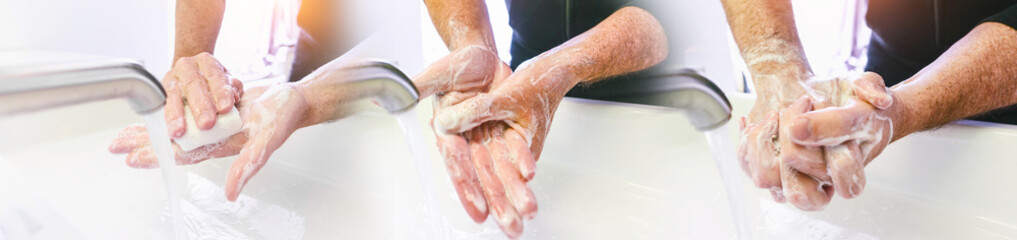 Man washing his Hands to prevent virus infection and clean dirty hands - corona covid-19 concept