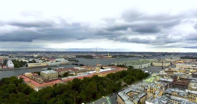 Saint Petersburg, Russia, panoramic aerial view of Petropavlovskaya Fortress and Neva river. Stock footage. Vasilyevsky Island, bridges of St. Petersburg, travel to Russian city. 4K