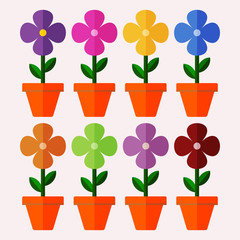 Set of different colors flowers in pots. Vector illustration