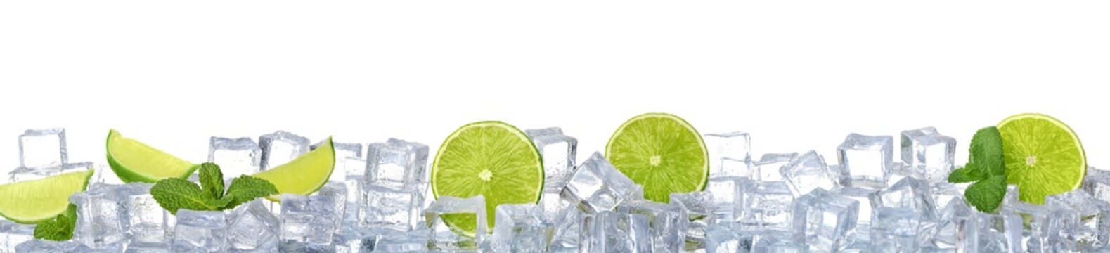 Ice cubes, mint and limes on white background. Banner design