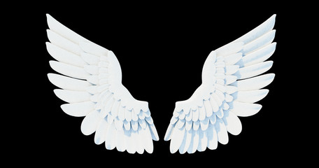 Angel wings, Natural white wing plumage on black background. 3d render