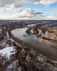 Areal drone photography view of small countryside city Kuldiga, with river Venta.
