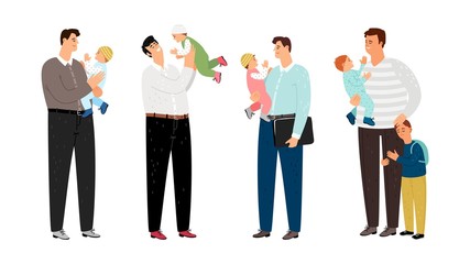 Fototapeta na wymiar Happy fathers. Dads with toddlers. Men and babies, cute parenthood. Isolated single dad vector characters