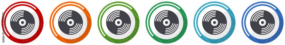 Aufkleber vinyl music icon set, flat design vector illustration in 6 colors options for webdesign and mobile a