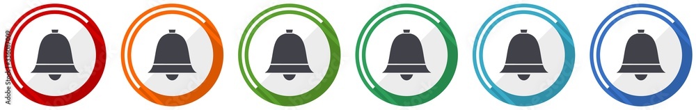 Poster bell, ring, alarm icon set, flat design vector illustration in 6 colors options for webdesign and mo