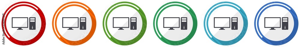 Poster computer icon set, monitor, screen, pc flat design vector illustration in 6 colors options for webde
