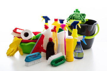 Cleaning supplies and bucket isolated against white background. - Powered by Adobe