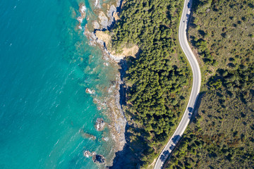 Aerial drone top-down photo of Costa Brava coast and crystal clear waters