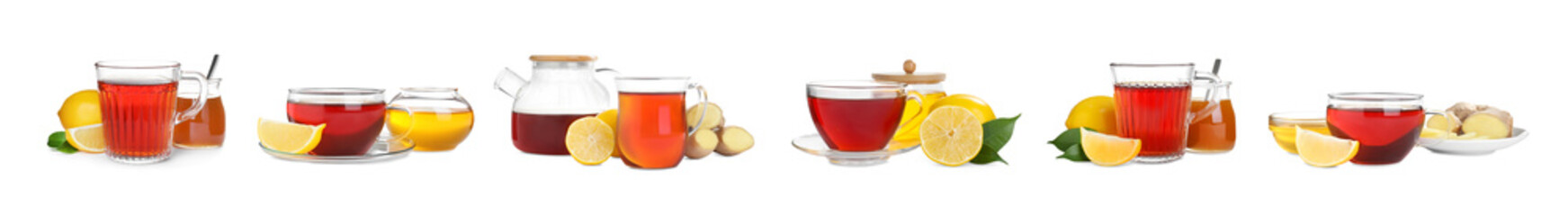 Collage of fresh tea with honey on white background. Banner design