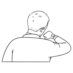 businessman looks at the clock. monochrome illustration, over the shoulder.