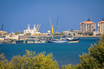 Fototapeta na wymiar Nice View to the Blue Water Port in the Massawa, Eritrea