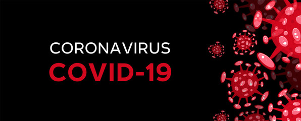 Fototapeta na wymiar Cartoon concept coronavirus logo red COVID-19 nCov 2019 virus vector illustration on black background
