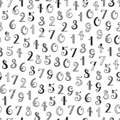 Hand drawn cartoon doodle Number seamless pattern. Latin alphabet numbers from 0 to 9 with different patterns. Mathematical background for kids. Back to school. Black and white Scandinavian style
