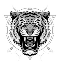 Obraz premium Tiger logo. Black white illustration of a tiger head. Portrait of a predator. Tattoo wild cats.