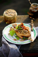 Crostini jelly rabbit appetizer.outdoor photo