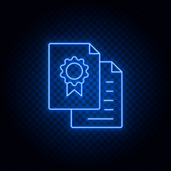 patent, papers, reward blue neon vector icon. Blue and yellow neon vector icon. Transparent background