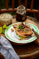 Crostini jelly rabbit appetizer.outdoor photo