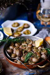 Burgundy escargot with herb butter.style rustic.