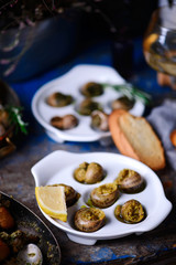 Burgundy escargot with herb butter.style rustic.