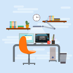 Home office interior. Design of workplace in flat cartoon style with desk, computer and furniture. Vector illustration.
