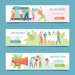 Hiring vector illustration. Job vacancy banner, employee recruitment concept. Employer hire for work. Hired people offer to join the team. Man and woman candidates cartoon characters with megaphone.