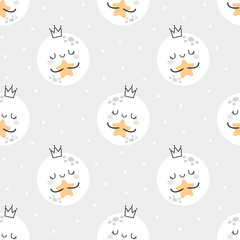 Cute moon hugging star seamless pattern background