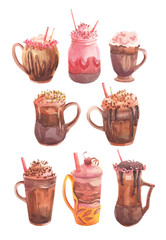 Watercolor set with drinks, coffee cocktails on a white background