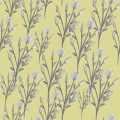 seamless floral pattern with grey bush roses branches on yellow background. watercolor hand drawing. Elegant print, packaging, wallpaper, textile design