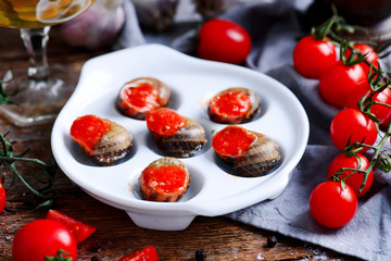 Burgundy escargot with herb butter.style rustic.