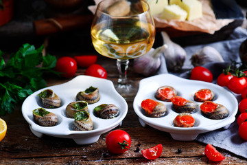 Burgundy escargot with herb butter.style rustic.